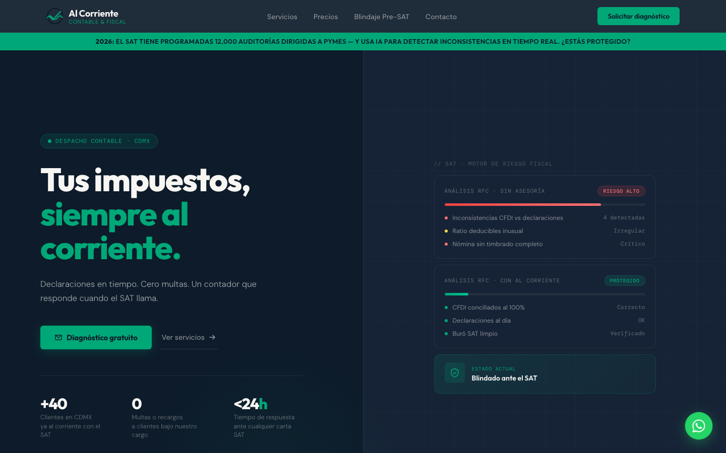 Sitio web de Al Corriente, despacho contable en CDMX